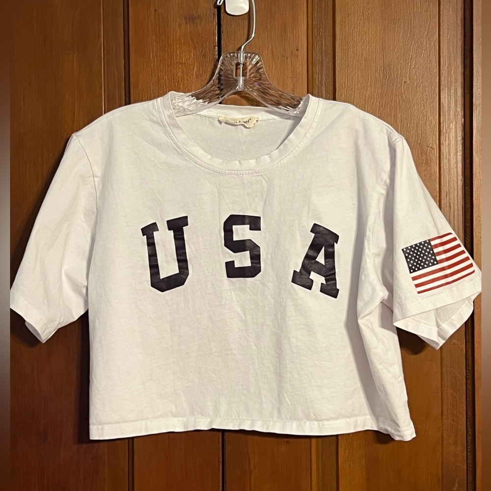 Anna Kaci USA‎ Graphic Crop Top Size Medium White American Flag Tee